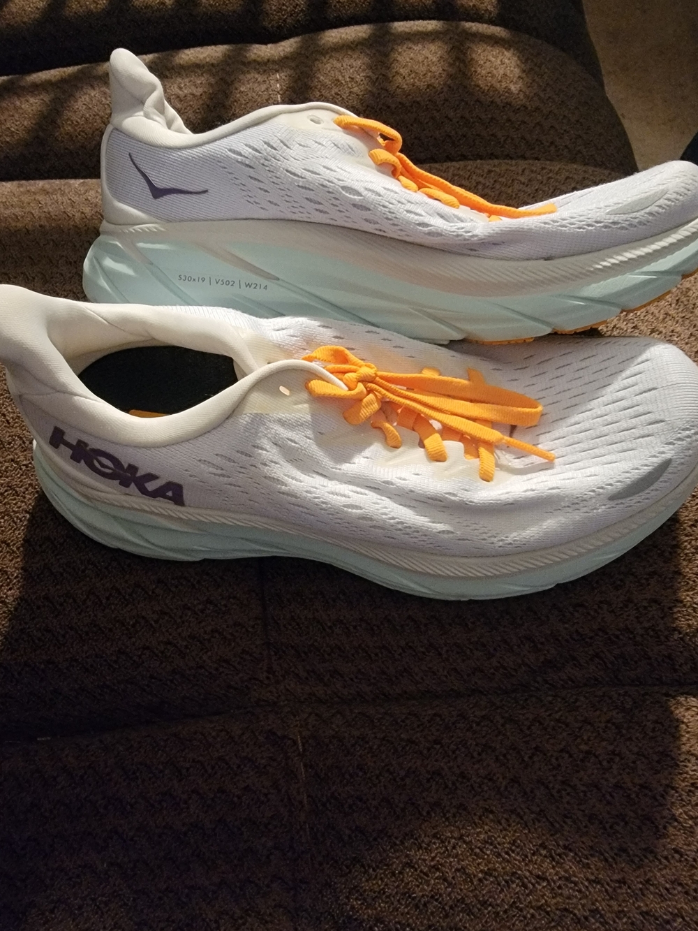 Hoka CLIFTON 8 Women's White Running Shoes with Orange Laces